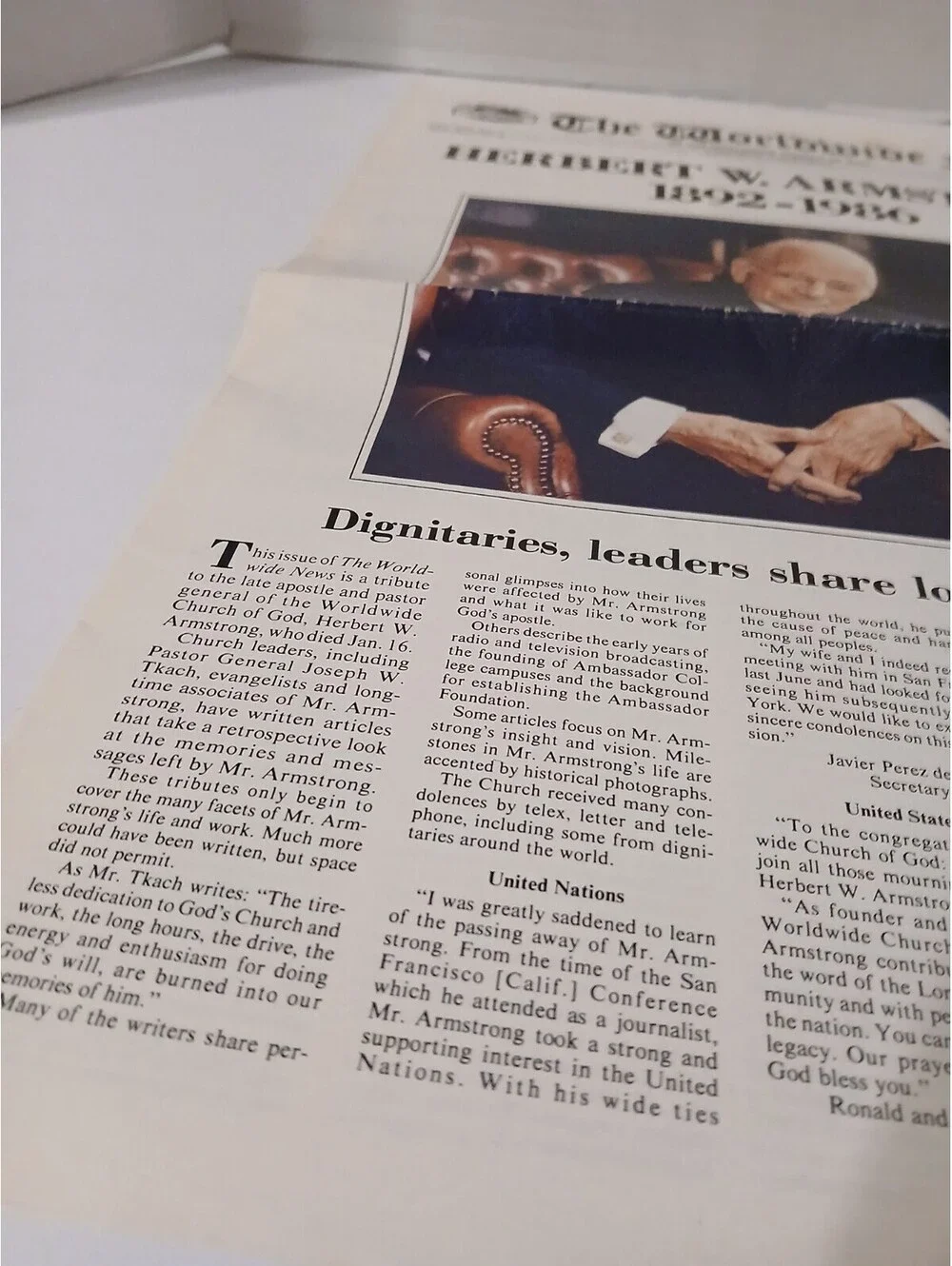 Herbert W. Armstrong Tribute The Worldwide News newspaper 1986